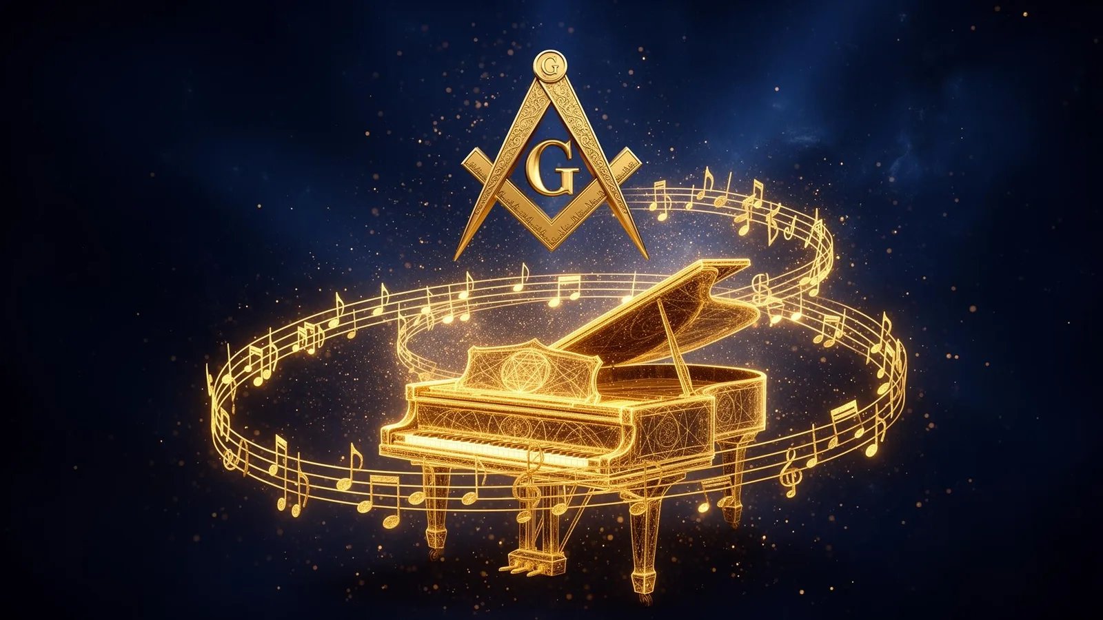 Cena surreal: piano dourado, esquadro e compasso flutuando entre notas musicais cósmicas